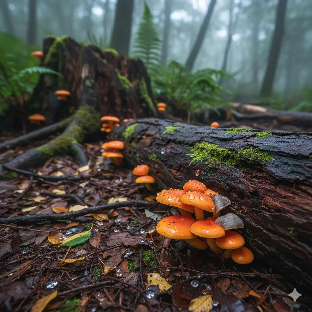 champignon orange sur bois mort